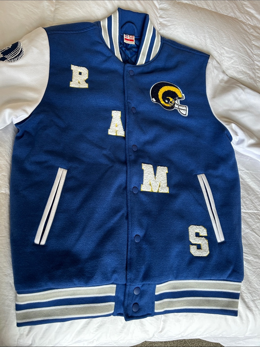NFL Blue and White Bomber Varsity Jacket with Yellow Helmet Patch